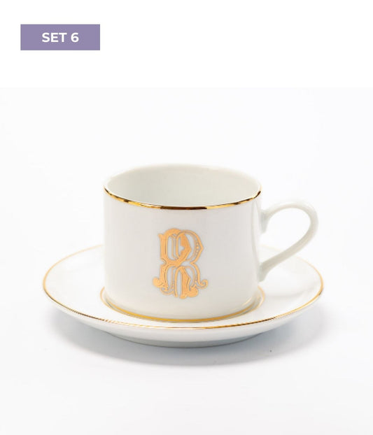 Conjunto 6 Xícaras de Chá Personalizadas com Monograma em Ouro