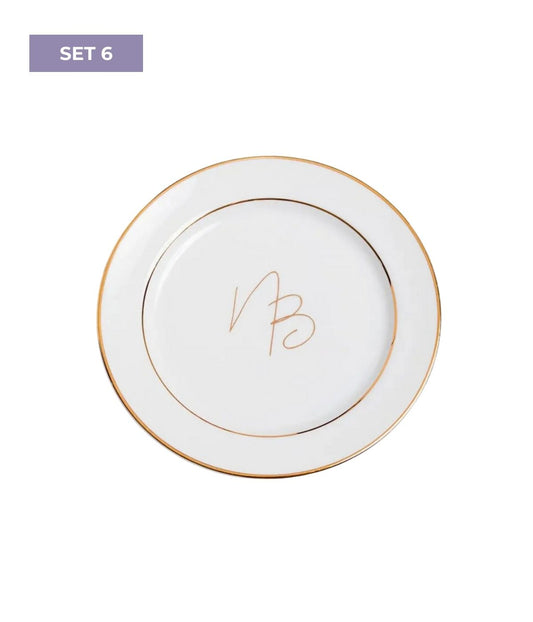 Conjunto 6 Pratos Sobremesa Personalizados Iniciais Ouro