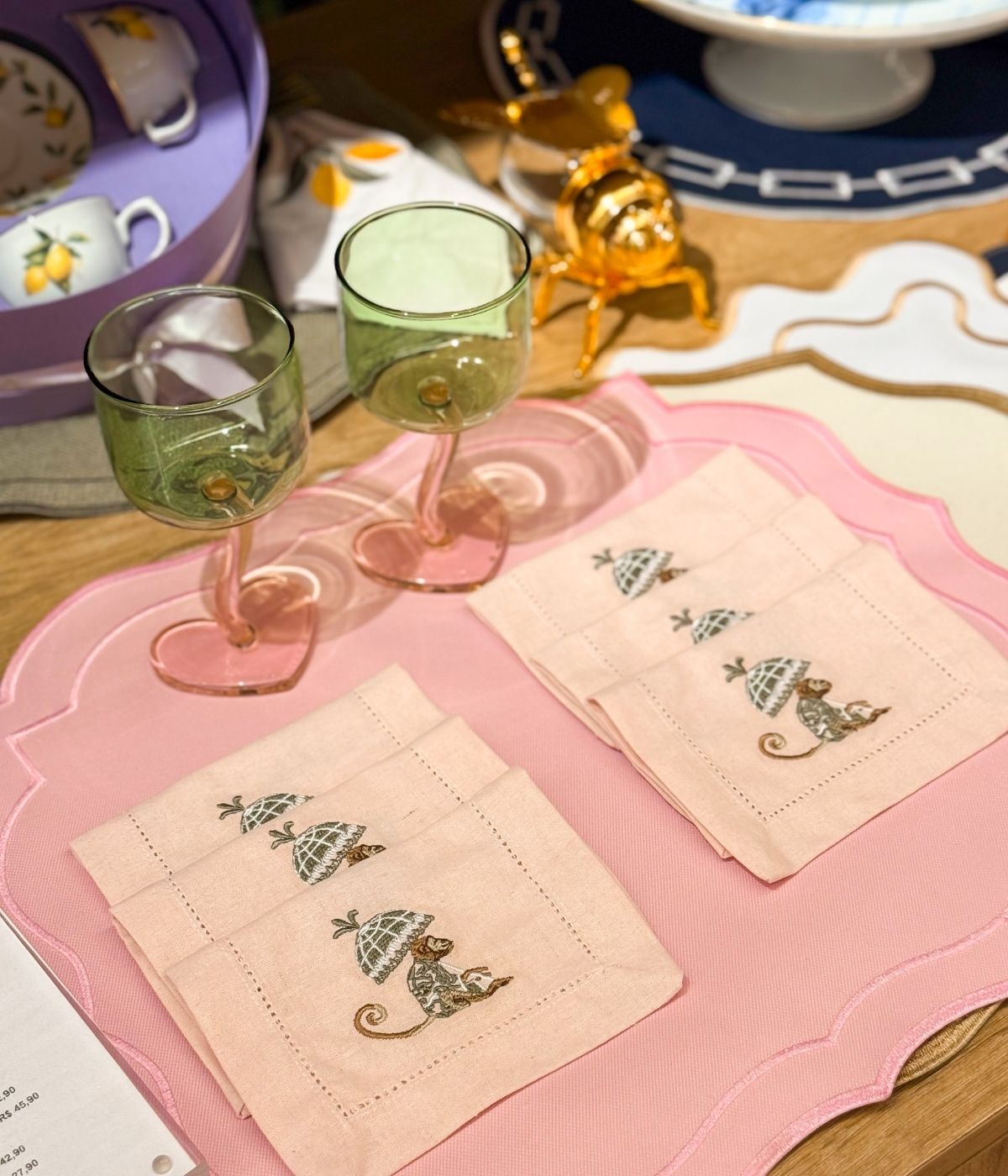 Set 4 Guardanapos de Coquetel Rose Bordado Macaco Verde