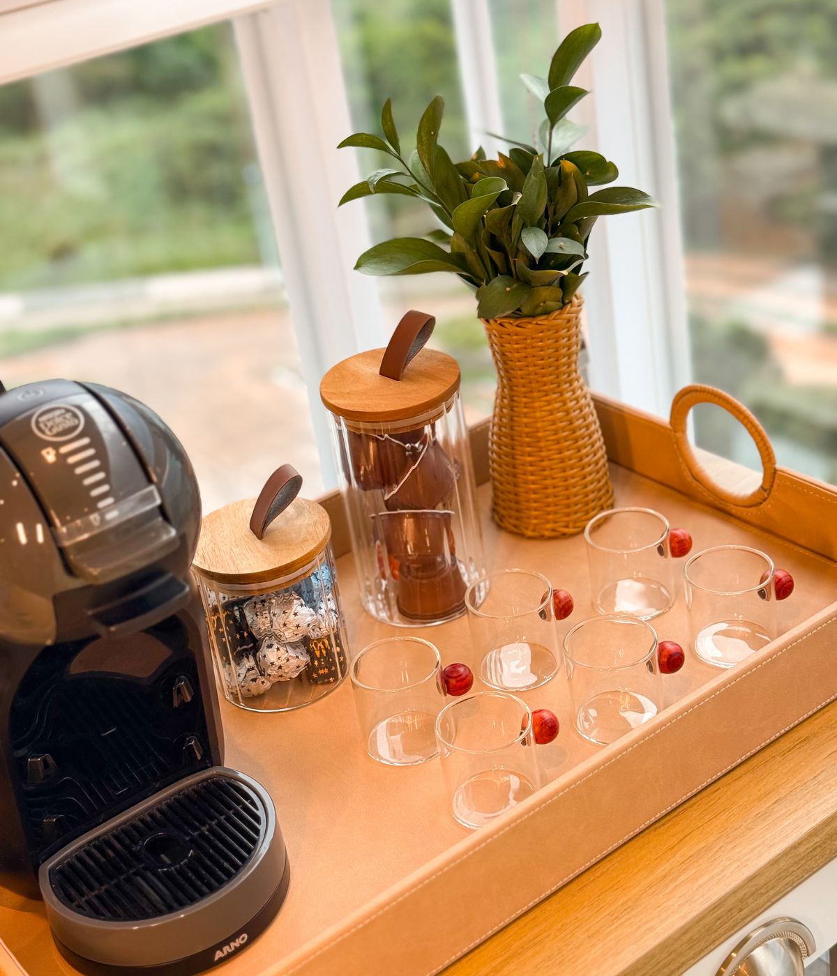 Set 6 Xícaras de Café Vidro com Detalhe em Madeira