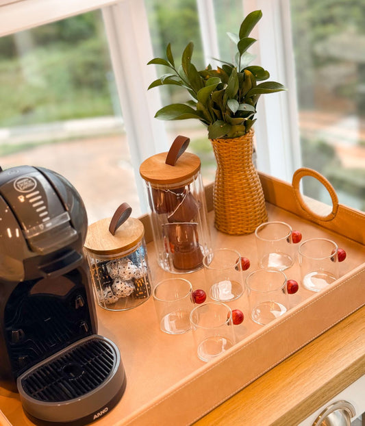 Set 6 Xícaras de Café Vidro com Detalhe em Madeira