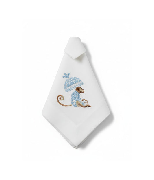 Guardanapo Branco Linho Misto Bordado Macaco Azul